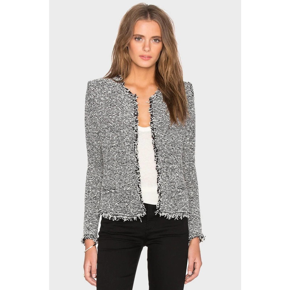IRO Azure Tweed Boucle Open Jacket Blazer Black White Frayed Fringe Size…
